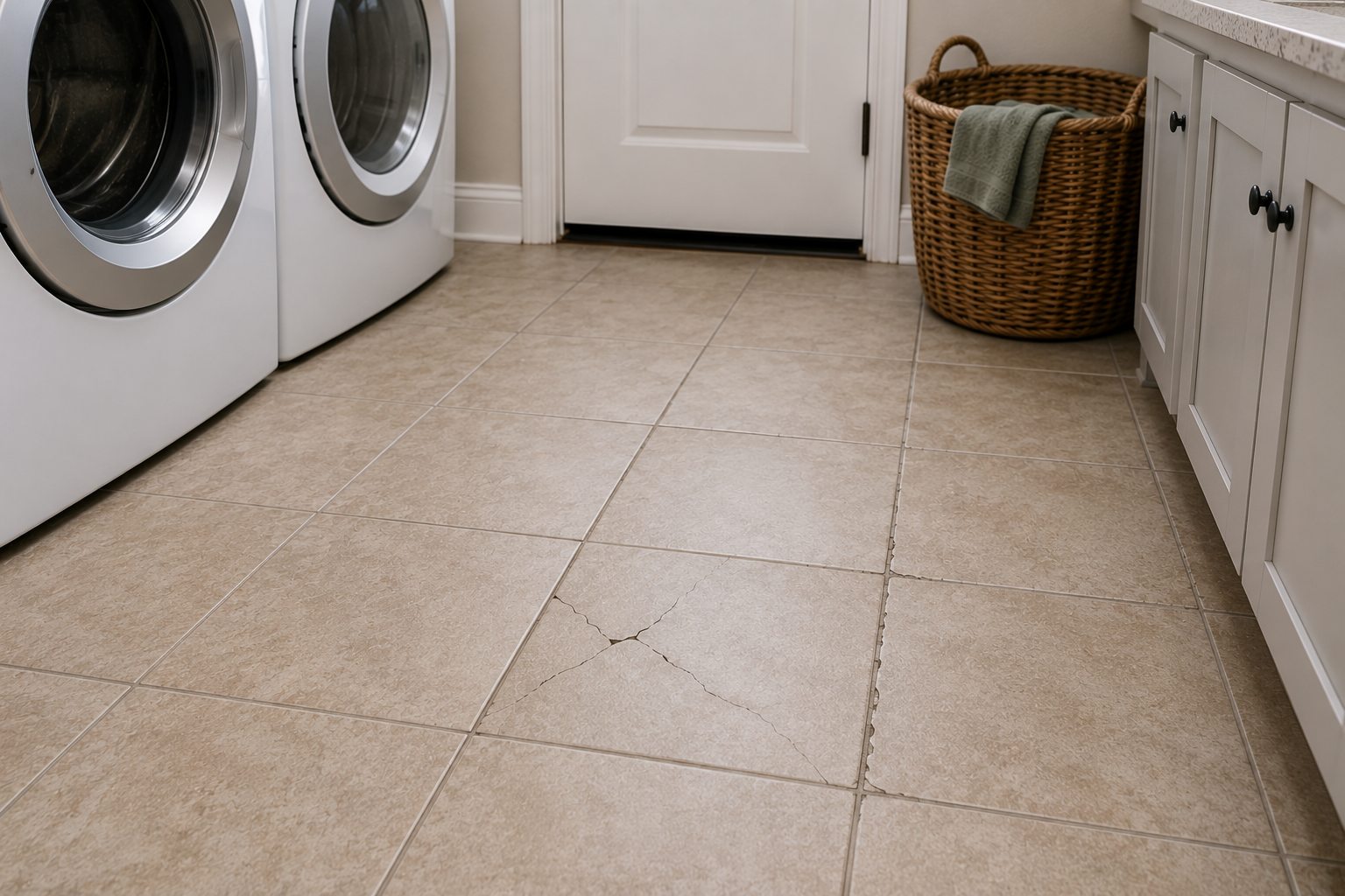 Cracked tile with deteriorating grout on a laundry room floor beside a washer and dryer, showing signs of flooring damage.
