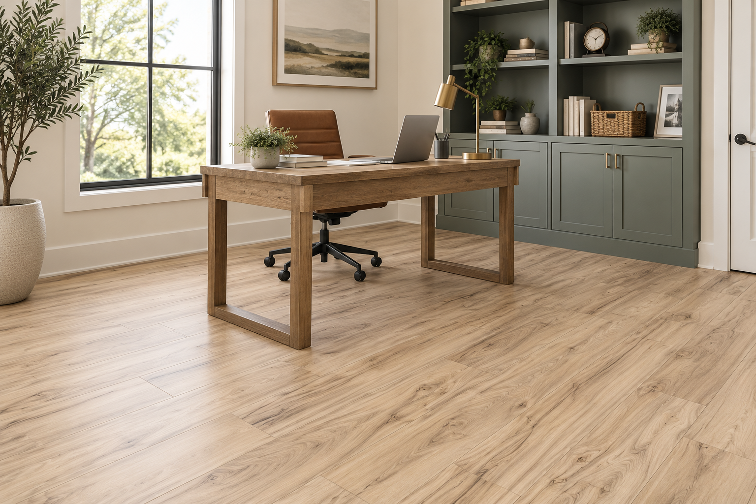 Home office with light wood-look RevWood laminate flooring, a wood desk, built-in green cabinetry, and a large window providing natural light.
